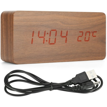 LED Digital Alarm Clock with USB Port, Wood Grain Design, Smart Sound Control, Bedside Electronic Clock for Office Decoration and Nightstand