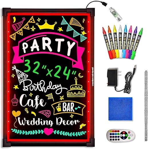 LED Message Writing Board - 32x24 Flashing Illuminated Erasable Neon Sign With 8 Fluorescent Chalk Markers - Perfect For Shop/Cafe/Bar/Menu/Wedding/Decoration/Promotion/School