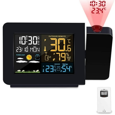 LED Snooze Alarm Clock with Weather Station, Digital Projection Clock for Bedrooms, Indoor Outdoor Thermometer with Temperature Humidity Time Date Display and UBS Charger