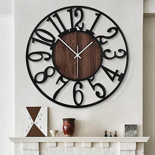 LEIKE Large Wall Clocks for Living Room,Silent,Non Ticking,Battery Operated Oversized Vintage Round Modern Wood Wall Clock for Bedroom,Farmhouse,Office Wall Decor-24 Inch(Black-Arabic Number)