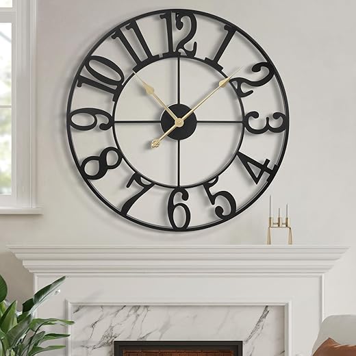 LEIKE Large Wall Clock, Silent Non-Ticking, Battery Operated 16-Inch Metal Clock, Oversized, Decorative Retro Clock for Farmhouse, Dinner and Living Room, Indoor, Outdoor(40cm, Black Arabic Number)