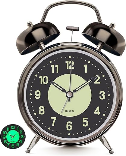 Lesipee Loud Alarm Clock for Heavy Sleeper, Clocks for Bedroom, 4'' Battery Operated Metal Clocks with Night Light, Retro Analog Clock for Student with Luminous dial Non-Ticking, Back to School