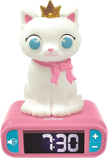 Lexibook - Kitten Digital Alarm Clock for Kids with Night Light Snooze, Childrens Clock, Luminous Cat, White and Pink Colours - RL800KT