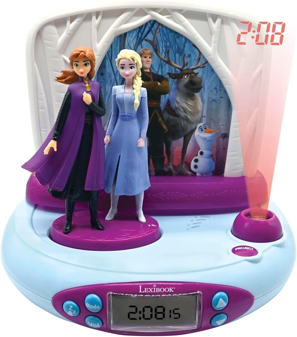 LEXiBOOK Disney Frozen 2 Elsa & Anna, Projector Alarm Clock with Sounds, Night Light, time Projection onto The Ceiling, Sound Effects, Battery-Powered, Blue/Purple, RP510FZ