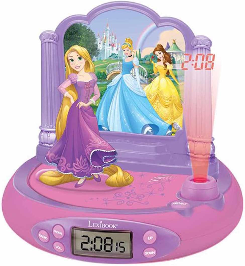 LEXiBOOK Disney Princess Rapunzel Projector Radio Clock, Built-in Night Light, time Projection onto The Ceiling, Sound Effects, Battery-Powered, Pink/Purple, RP515DP