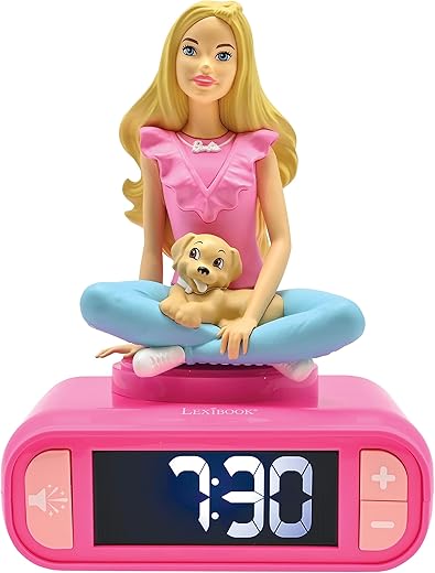 LEXIBOOK, Mattel, Barbie Nightlight Alarm Clock, Sounds and Melodies, LCD Backlit Screen, Luminous, Snooze, Pink