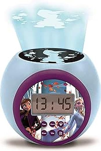 LEXIBOOK Projector Clock Disney Frozen 2 Anna Elsa with Snooze Alarm Function, Night Light with Timer, LCD Screen, Battery Operated, Blue/Purple, Black