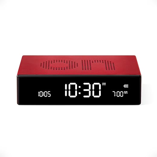 Lexon Flip Premium Digital Alarm Clock - Rechargeable Desk Clock with On/Off Faces - Snooze Function, Pure VA LCD Display, Touch & Sound Sensor, Aluminum - Red