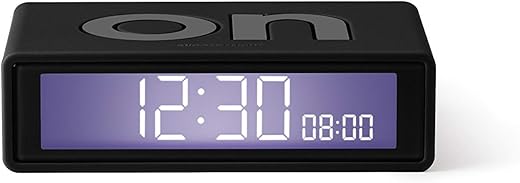 Lexon Flip+ Travel Digital Alarm Clock, Reversible On/Off Faces Small Travel Clock with LCD Display & Touch Sensor Light, Battery Operated, Rubber - Black