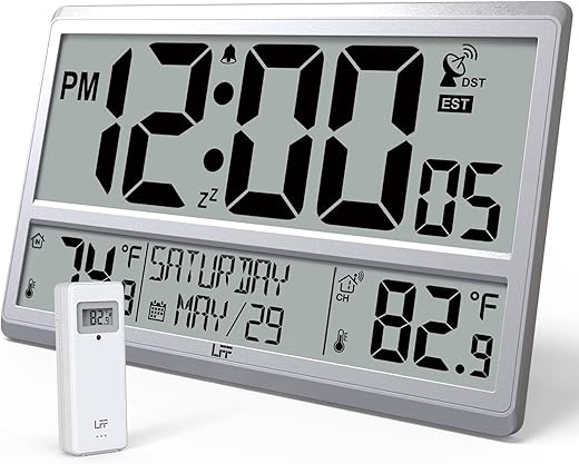 LFF Atomic Clock 4.5" Numbers, Atomic Wall Clock with Indoor & Outdoor Temperature，Never Needs Setting, Battery Operated, Date, Time, Wireless Outdoor Sensor, Jumbo Display Easy to Read