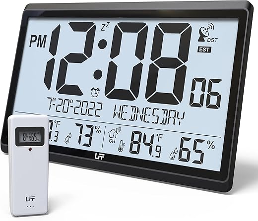 LFF Atomic Clock/Never Needs Setting, Battery Operated, Atomic Wall Clock with Indoor/Outdoor Temperature & Humidity, Wireless Outdoor Sensor, 15 Digital Wall Clock with 4.5 Numbers Easy-to-Read