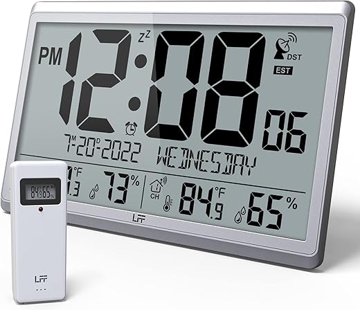 LFF Atomic Clock/Never Needs Setting, Digital Wall Clock with Indoor Outdoor Temperature & Humidity, Battery Operated, Wireless Outdoor Sensor, Atomic Wall Clock with 4.5" Numbers Easy-to-Read