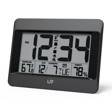 LFF Atomic Clock with Indoor Temperature and Humidity, Auto Set Digital Wall Clock Battery Operated, Desk Alarm Clock with Date, Large Display, Clock for Seniors, Bedroom, Office, Auto DST