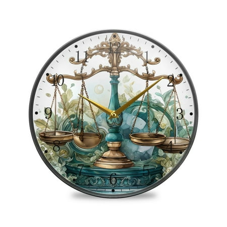 Libra with Green Acrylic Wall Clocks Quiet Round Clock Battery Operated Non-Ticking Clock for Bedroom Kitchen Office Decorative 9.5 Inch