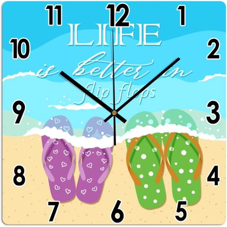 Life Is Better In Flip Flops Wall Clock Beach House Square Pvc Clocks For Wall Rustic Farmhouse Clocks For Wall Battery Operated Silent Clock For Kitchen Dinning Room 10X10In