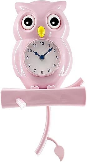 Lily's Home Pink Owl Pendulum Wall Clock with Revolving Eyes, Swinging Branch, Wall Mountable, Themed Bedroom Decor, Retro Wall Clock, Unique Wall Clocks, 8.2 W x 11.3 H