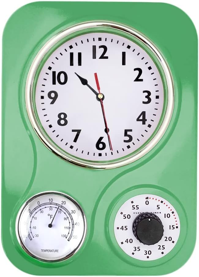 Lily's Home Retro Kitchen Clock with Temperature and Timer (Retro Green)