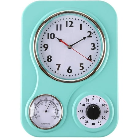 Lily's Home Retro Kitchen Wall Clock, with a Thermometer and 60-Minute Timer. Turquoise (9.5 in x 13.3 in)