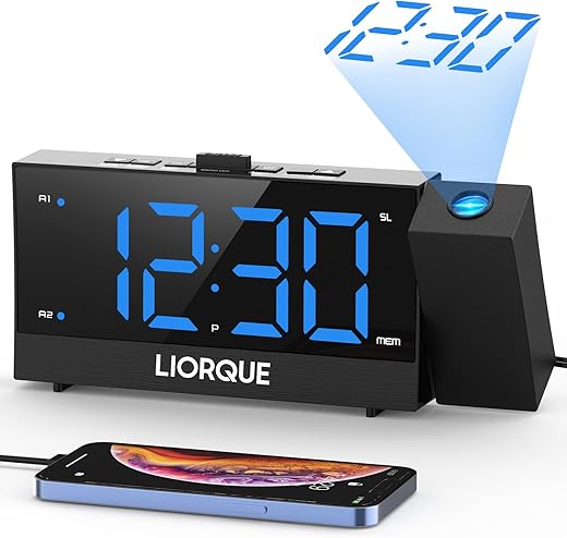 LIORQUE Projection Alarm Clock for Bedroom, Radio Alarm Clock with Projection on Ceiling, Dual Alarm, Snooze, 12/24H, Infinite Brightness Adjustment, 2 USB Charging Ports