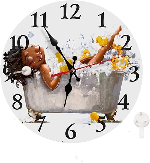 LOKMU Silent Non Ticking Clock 10 Inch, Round Wall Clock,Decorative for Living Room, Kitchen, Home,Bathroom, Bedroom, Office or School, African Woman Taking Shower