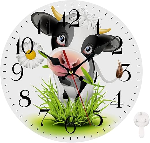 LOKMU Silent Non Ticking Clock 10 Inch, Round Wall Clock,Decorative for Living Room, Kitchen, Home,Bathroom, Bedroom, Office or School, Cute Cow in Green Grass