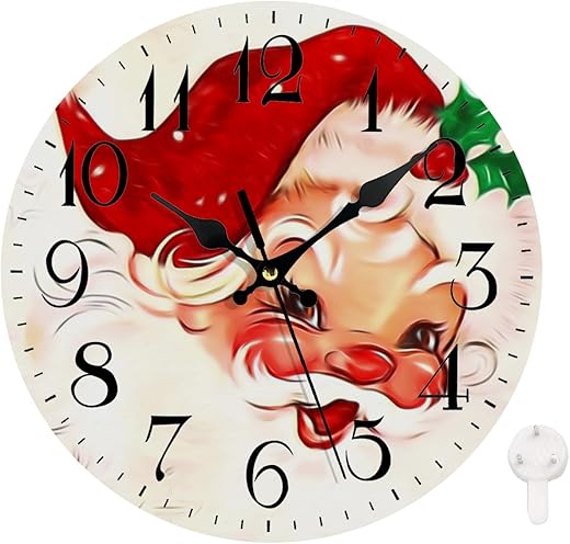 LOKMU Silent Non Ticking Clock 10 Inch, Round Wall Clock,Decorative for Living Room, Kitchen, Home,Bathroom, Bedroom, Office or School, Vintage Santa Claus