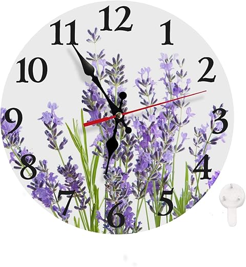 LOKMU Silent Non Ticking Clock 10 Inch,Round Wall Clock,Decorative for Living Room, Kitchen, Home,Bathroom, Bedroom, Office or School Summer Lavender Flowers on White