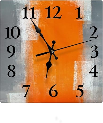 LOKMU Silent Non Ticking Clock 12 Inch, Square Wall Clock,Decorative for Living Room, Kitchen, Home,Bathroom, Bedroom, Office or School Grey and Orange Abstract Art Painting