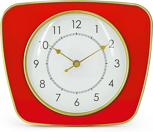 LOMANDA 9 Inch Retro Wall Clock - Mid Century Modern - Square Clock - Kitchen Clock - Office Clock - Bedroom Wall Clock - Vintage Clock Decorative - Red