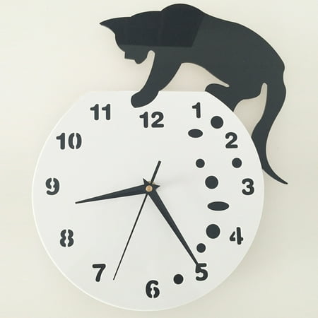 Lomubue Naughty Cartoon Cat Acrylic Silent Quartz Movement Wall Clock Modern Home Decor, Black White