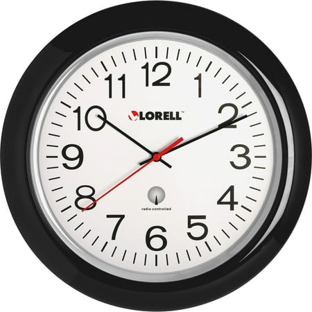 Lorell 13-1/4 Radio Controlled Wall Clock Analog, Quartz, White Main Dial, Black/Plastic Case