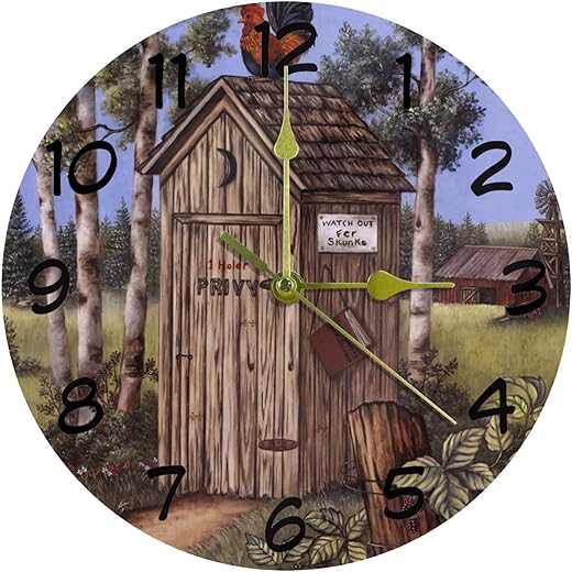 LORVIES Outhouse Rooster Stood on The House Silent Non Ticking Acrylic Decorative 10 Inch Round Clock for Home Office School