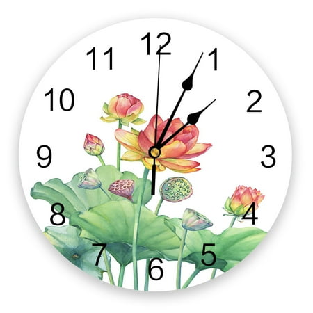 Lotus Hibiscus Flower Watercolor Plant Round Wall Clock Creative Home Decor Living Room Quartz Needle Wall Clocks Hanging Watch