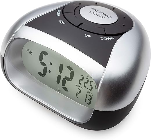 Loud Talking Alarm Clock with Time and Temperature - for Low Vision or Blind (Gray) (Gray)