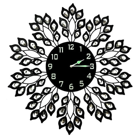 LuLu Decor, 25” Black Leaf Metal Wall Clock, 9” Black Glass Dial with Arabic Numbers, Decorative Clock for Living Room, Bedroom, Office Space