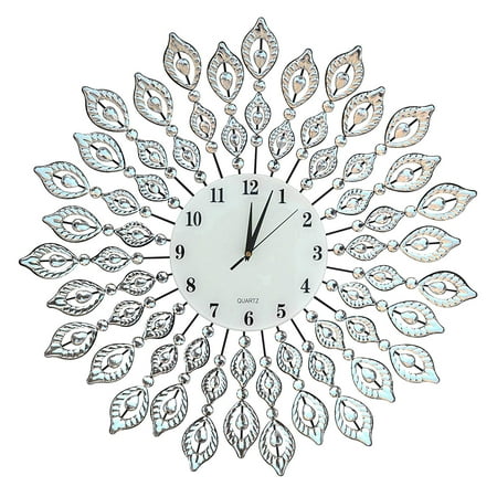 Lulu Decor, 25” Crystal Leaf Metal Wall Clock, 9” White Glass Dial with Arabic Numerals, Decorative Clock for Living Room, Bedroom, Office Space