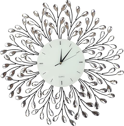 Lulu Decor, 25” Vine Decorative Metal Wall Clock, White Glass Lines Dial 9.5”, Crystal Accent Clock Living Room & Bed Room