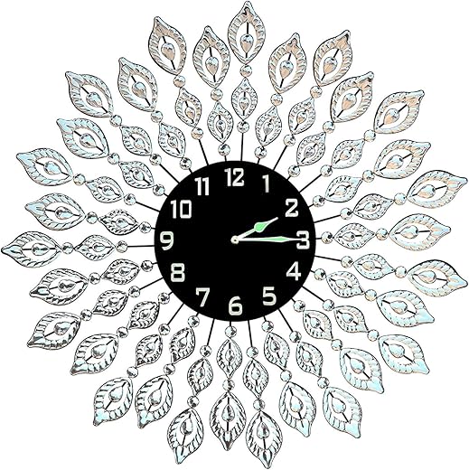 Lulu Decor, Decorative Leaf Metal Wall Clock, Black Glass Dial Diameter 25", Perfect for Housewarming Gift (Crystal Clock Black1)