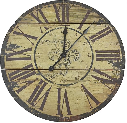 Lulu Decor, Fleur De Lis Wood Wall Clock, Rustic Round Clock 23.5” with Roman Numerals for Living Room & Office Space