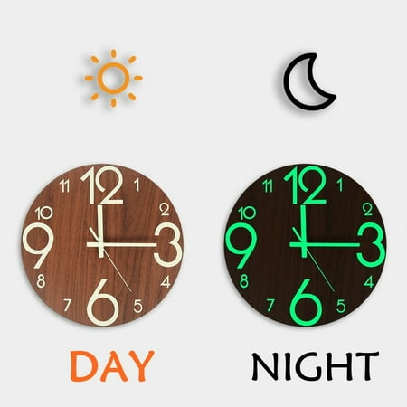 Luminous Wall Clock,Wooden Glow in The Dark Clock, 12inch Silent Non-Ticking Battery Operated Hanging Clock, Energy-Absorbing Luminous Numerals and Hands, Lighted Wall Clock Decoration