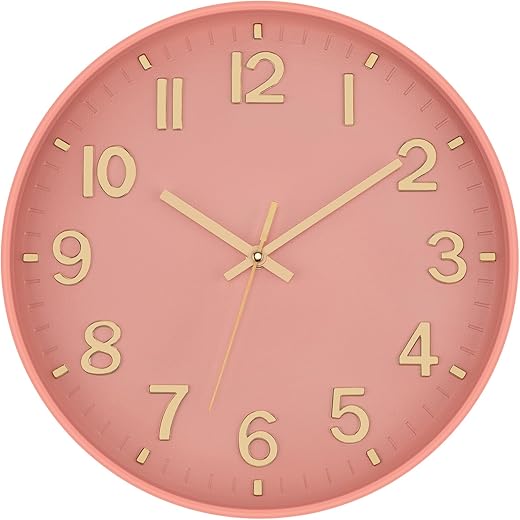 Lumuasky Wall Clock Pink Modern 10 Inch Battery Operated Silent Non-Ticking Decorative Clock for Living Room Bedroom Office Kitchen School Classroom Nursery Decor, 3D Numbers Easy to Read