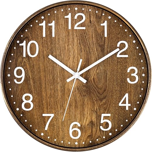 Lumuasky Wood Wall Clock, 12 Inch Silent Non-Ticking Battery Operated Round Clock for Living Room Bedroom Kitchen Home Office