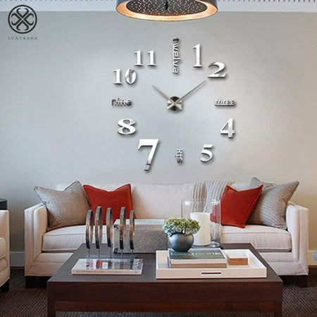 Luxtrada Frameless Wall Clock, Large Modern 3D Mirror Wall Clock Mute Diy Wall Stickers For Living Room Bedroom Home (Silver)