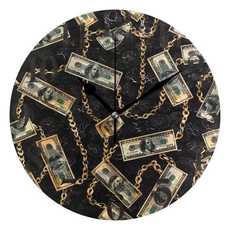 Luxury Dollar Bill Chain Wall Clock 9.8 inch Battery Operated Clocks Non-Ticking Silent for Bedroom Office Kitchen Living Room