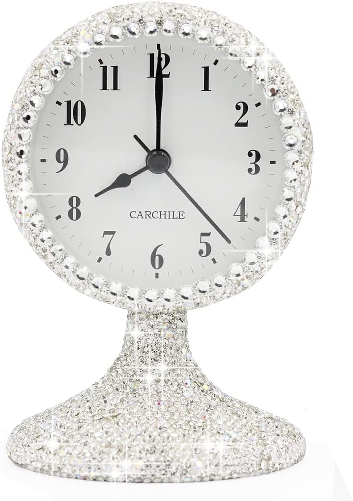 Luxury Rhinestone Small Alarm Desk Table Clock Morning Call Handmade Fashion Design for Bedroom Houseroom Living Room Cute As Gift AR (Silver)