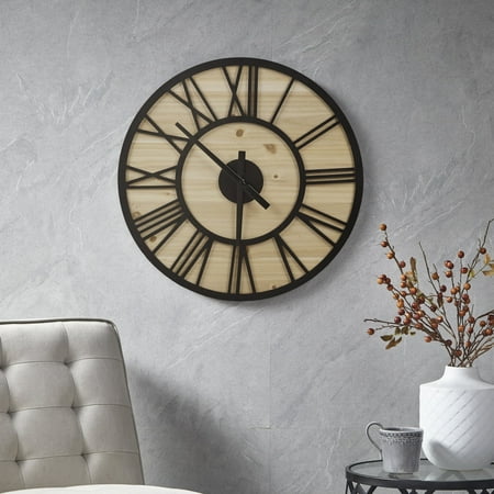 Madison Park Mason 23.6 Contemporary Wood Quartz Battery Operated Round Wall Clock in Natural/Black