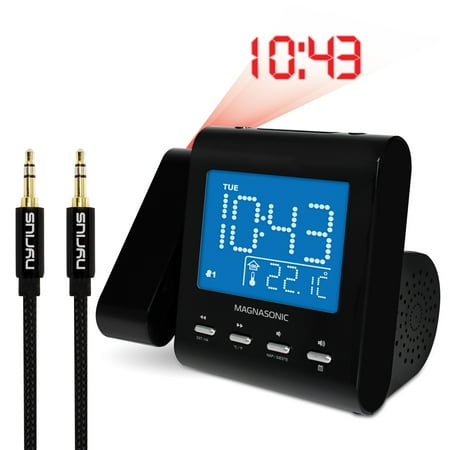 Magnasonic Projection Alarm Clock with AM/FM Radio, Battery Backup, Auto Time Set, Dual Alarm, Sleep Timer, Indoor Temperature/Day/Date Display & Bonus 3.5mm Aux Stereo Cable