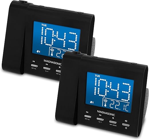 Magnasonic Projection Alarm Clock with AM/FM Radio, Battery Backup, Auto Time Set, Dual Alarm, Sleep Timer, Indoor Temperature/Day/Date Display with Dimming & Audio Input for Smartphones - 2 Pack