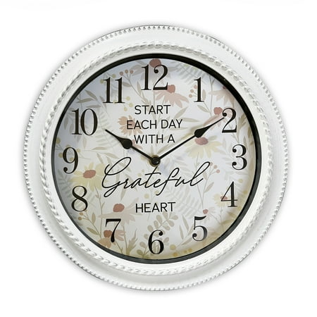 Mainstays 12 in Round Analog Sentiments Clock Start Each Day with a Grateful Heart, Brushed White