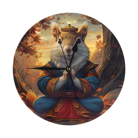 Maple Leaf Meditating Squirrel Wall Clock, Modern 10 Inch Battery Operated Wall Clocks, Non Ticking Decorative Clock for Living Room, Office, Bedroom, Kitchen, Bathroom